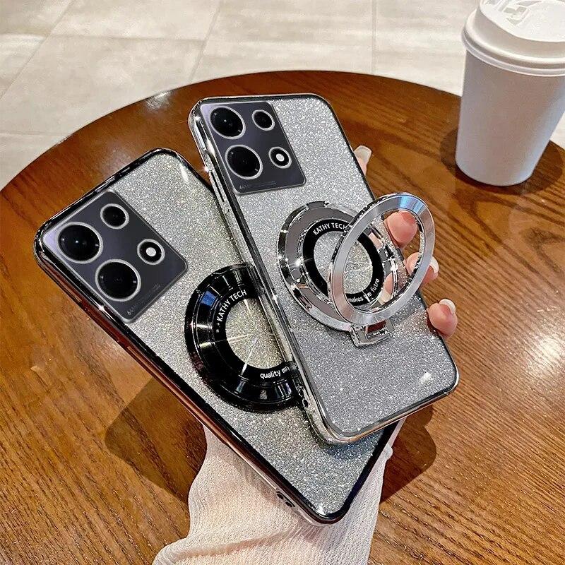 For Magsafe Magnetic Holder Case For Infinix Note 30 Pro 4G 30i 12 Pro Spark 10 Pro 10C Hot 30 Play Luxury Plating Flash Glitter Shockproof Cover
