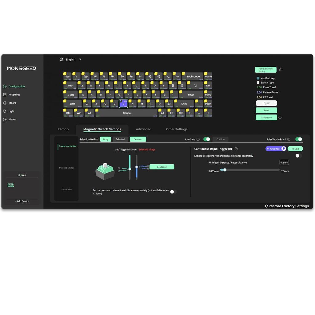 MonsGeek FUN68 HE Rapid Trigger English Layout Wireless Model Magnetic Switch Akko Flash Magnetic Switch Tenkeyless Side Print Double Shot PBT 8K