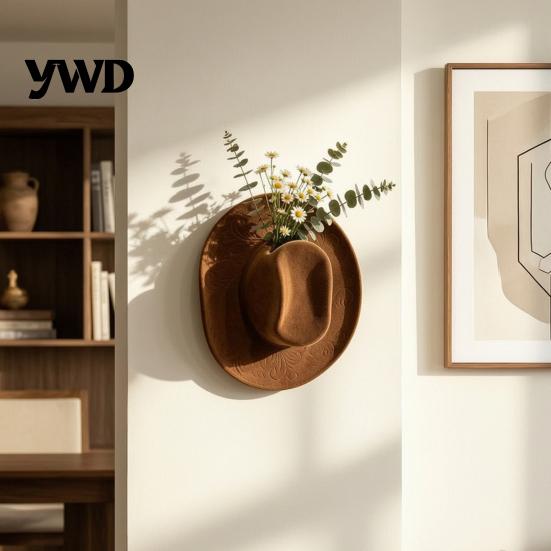 Western Style Wall Art Cowboy Hat Shaped Mounted Vase, Retro Flower Decorative Sculpture Holder for Dried Artificial Flowers, Farmhouse Decor Hanging