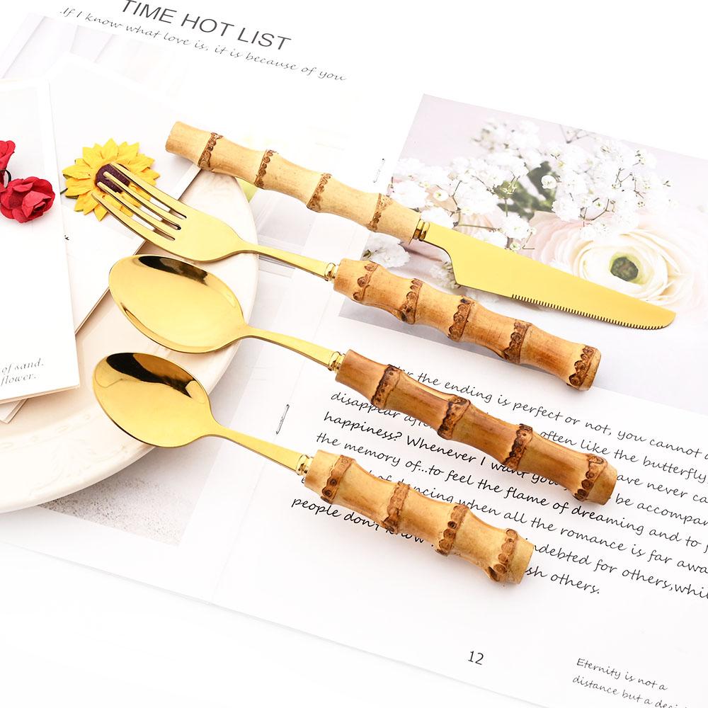 Jankng 16 шт., набор посуды из натурального бамбука, золота, роскошный западный набор посуды, кухонная вилка из нержавеющей стали, ложки, набор столовых приборов