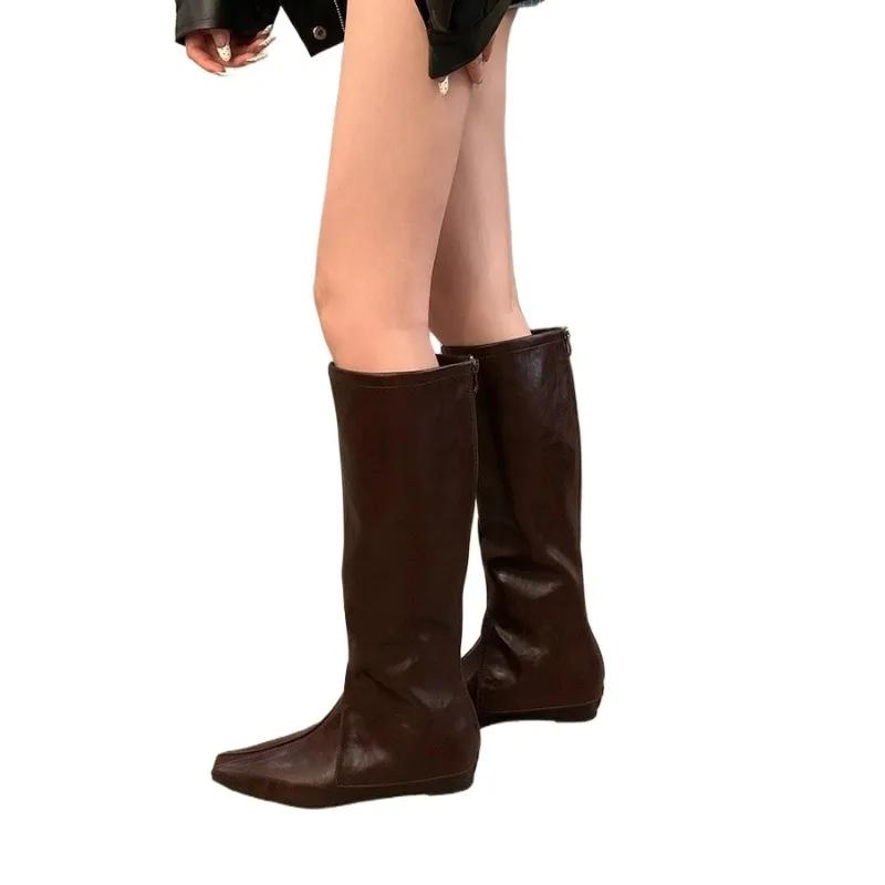 Модная обувь для женщин 2024 года, горячая распродажа, женские сапоги до колена, брендовые современные сапоги, женские сшитые туфли с квадратным носком и молнией сзади на низком каблуке