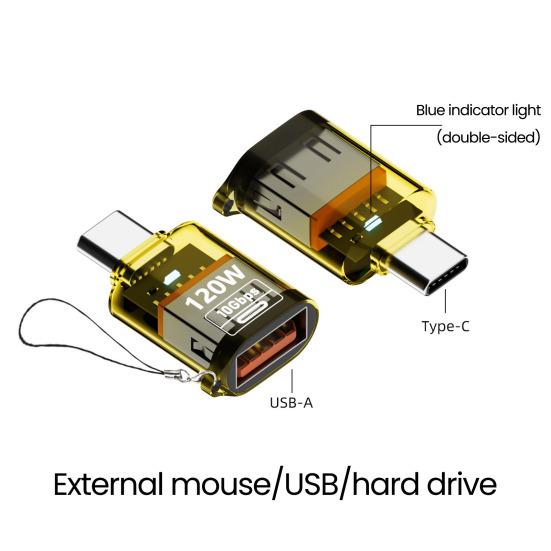 Адаптер Type-C Male to USB A Female 120 Вт USB 3.2 Gen2 адаптер Двусторонний 10 Гбит/с передача данных Прозрачный корпус адаптер