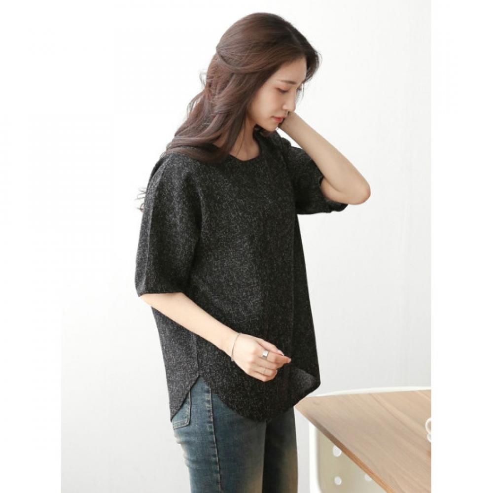 [Shop  ] Korean Women S Round Neck Tweed PaTTern ShorT Sleeve looSe FiT T ShirT Ami wSh 5217 Black
