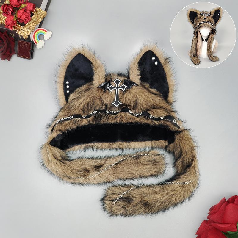 Готическая ручная работа Средневековый крест Пушистая шапка Женская панк Волк Кошачьи уши Плюшевый головной убор Готическая тьма Реквизит для косплея Ветрозащитные Горро