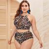 Plus Size Solid Mesh Swimsuit High Neck Halter Swimwear Women Sexy Patchwork Swimming Suit for Women Sexy Swimsuit High Waisted Bikini Two Piece