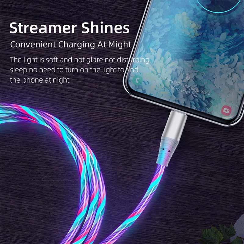 Светящийся кабель LED Micro USB Type C Cable 3A для быстрой зарядки iPhone Samsung Xiaomi OPPO Flowing Streamer USB C Cord 2M