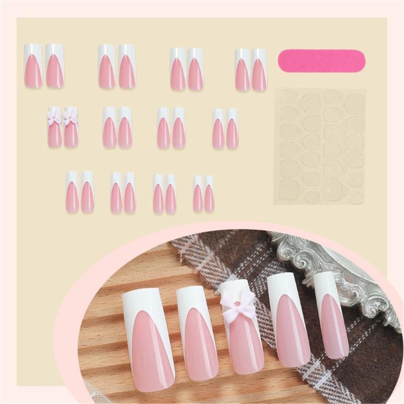 24 Pcs French Tip Press On Nails Medium Long Coffin False Nails 3D Bowknot Stick on Nails Manicures Supplies for Wome