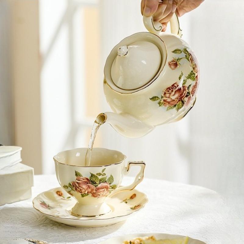 Retro Rose Flower Coffee Cup and Saucer Set- Ceramic Teapot and Tea Cup with Gold Trim, Suitable for Tea Party Gifts ( 2 Cup and 1 Teapot)