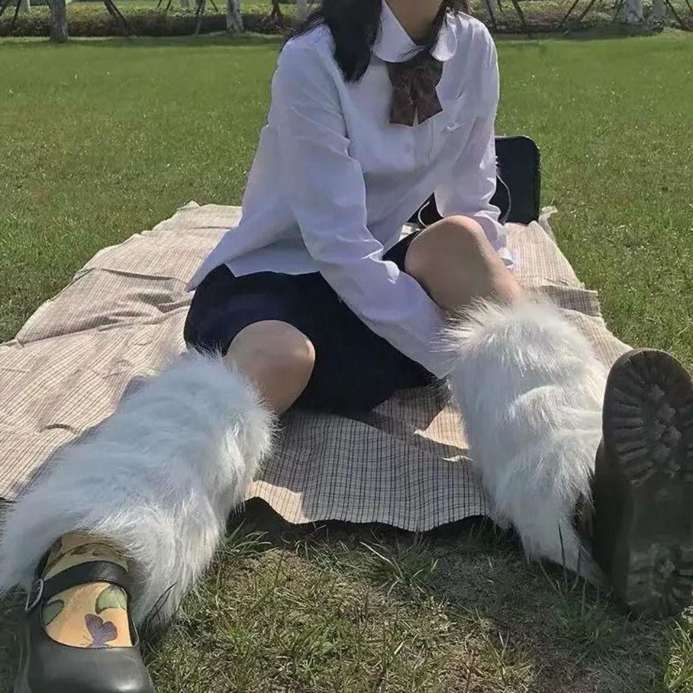1pair Solid Color Faux Fur Leg Warmers Thick Long Fuzzy Foot Covers Warm Knee Sleeve  Winter Season