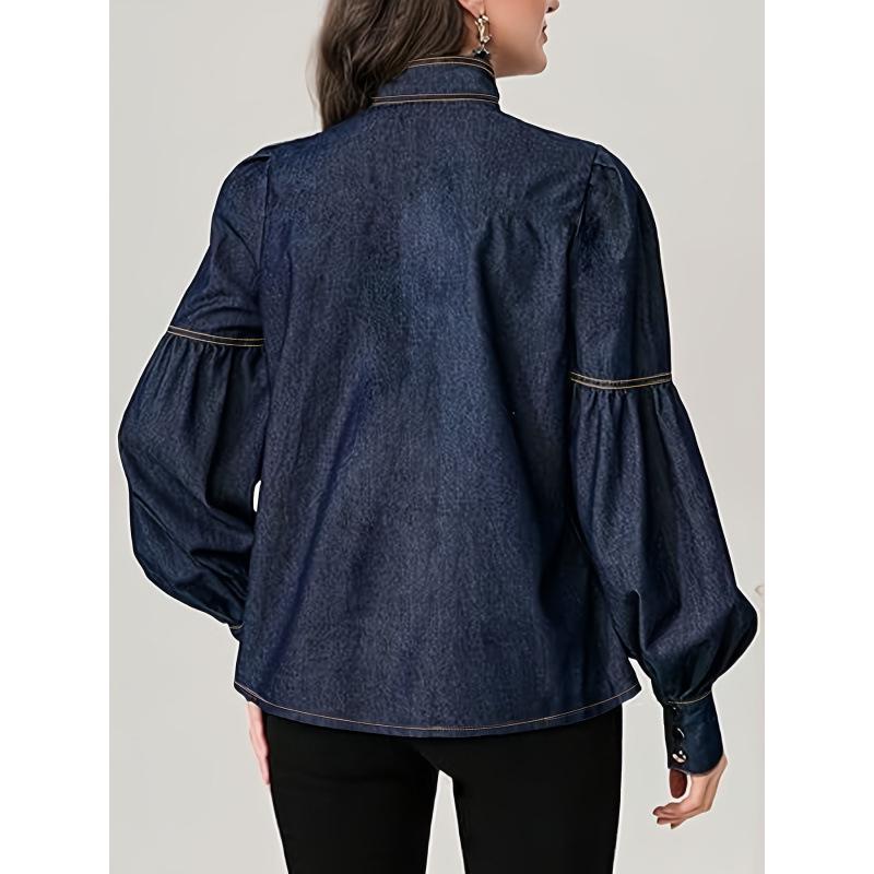 Модная женская джинсовая рубашка в европейском стиле 2025 года с завязкой-бабочкой