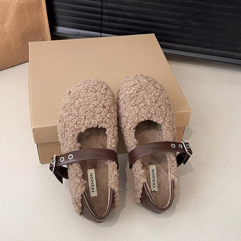 Плоские осенние и зимние туфли из плюша, женская обувь, новинка 2024 года, французские туфли Мэри Джейн для вечернего ветра Doudou single