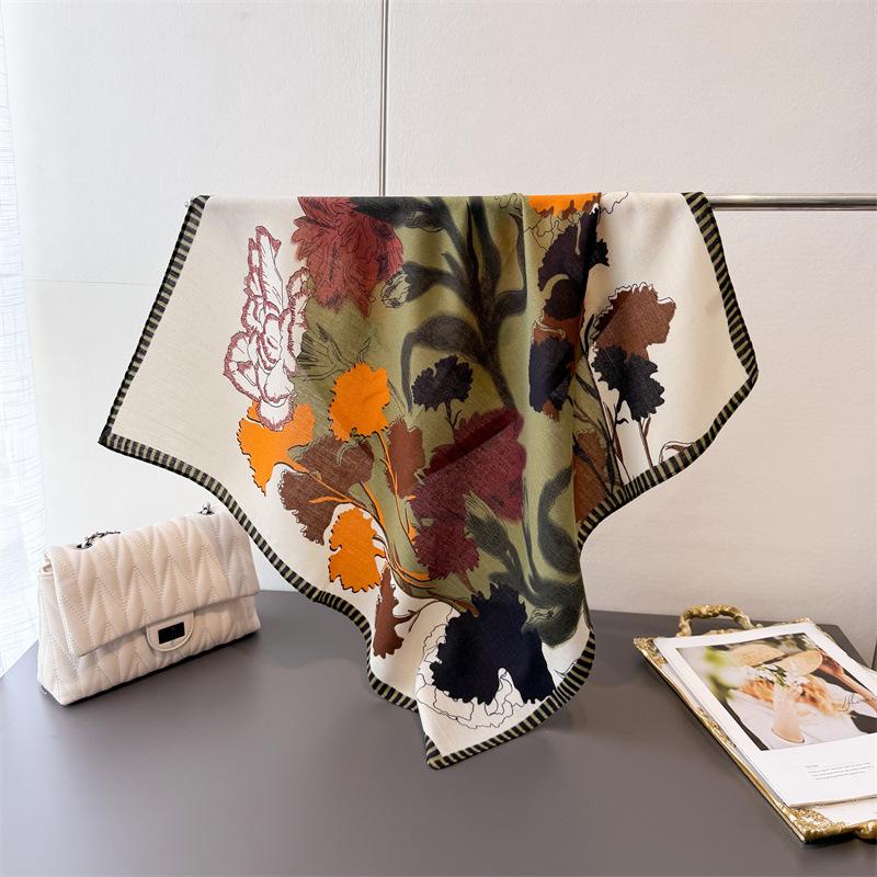 Leopard print spring- 70% faux silk premium square scarf thin shawl versatile neckerchief hair bandana for women
