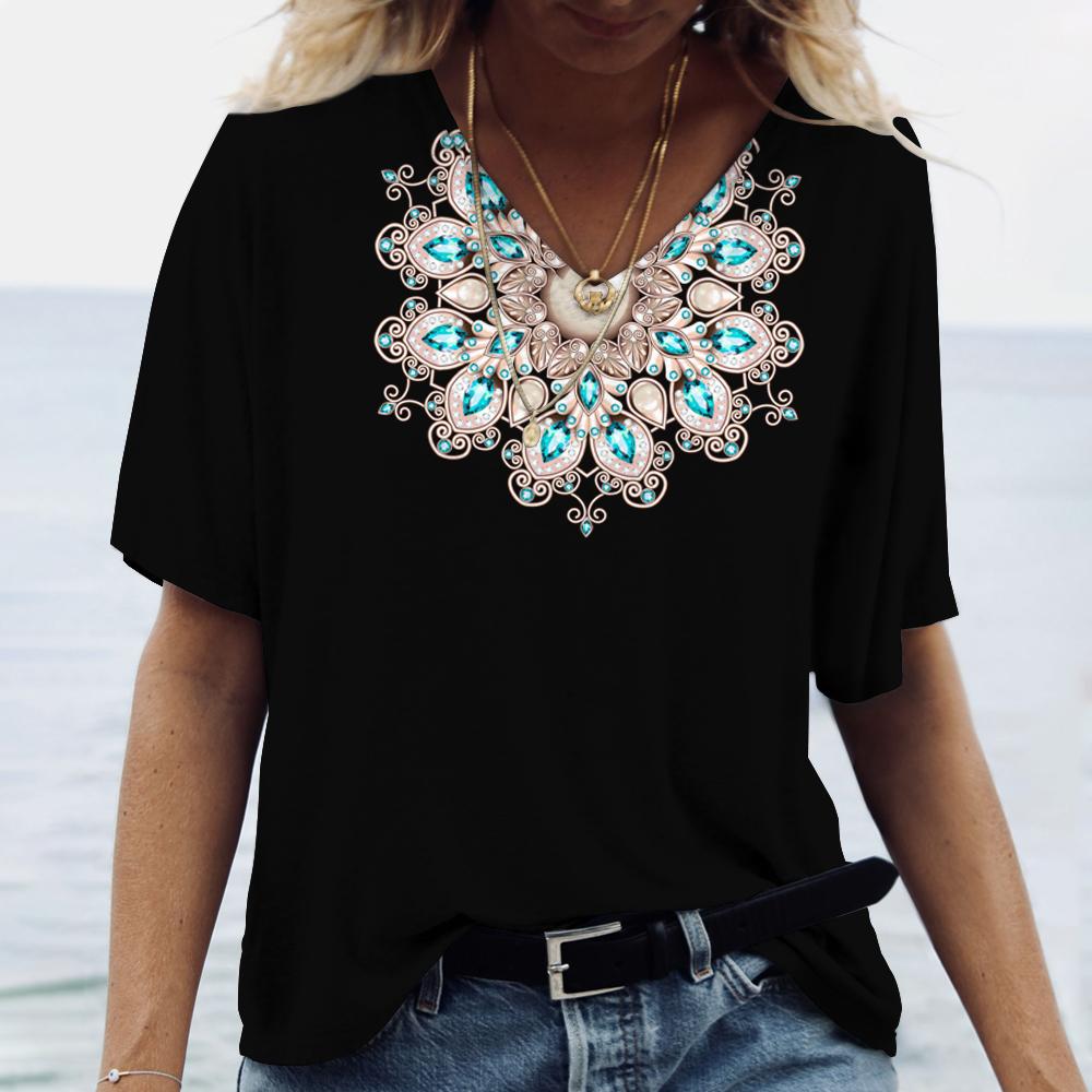 Летняя футболка с 3D-принтом «Мандала» с градиентом, женская уличная одежда, футболки с имитацией блесток, топы, женские футболки с V-образным вырезом, свободная одежда