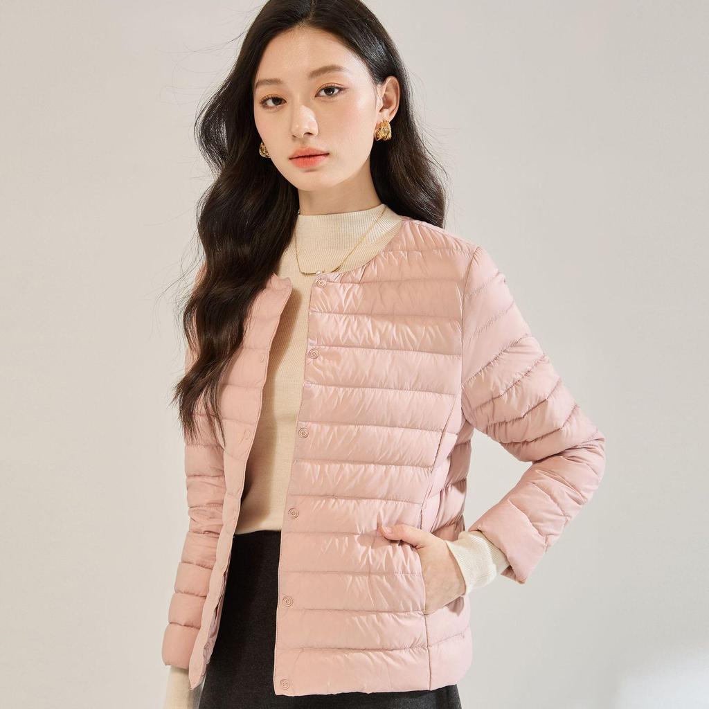 Women's White Duck Down Short Winter Jacket - Lightweight, Warm, Round Neck Inner Lining, Outerwear