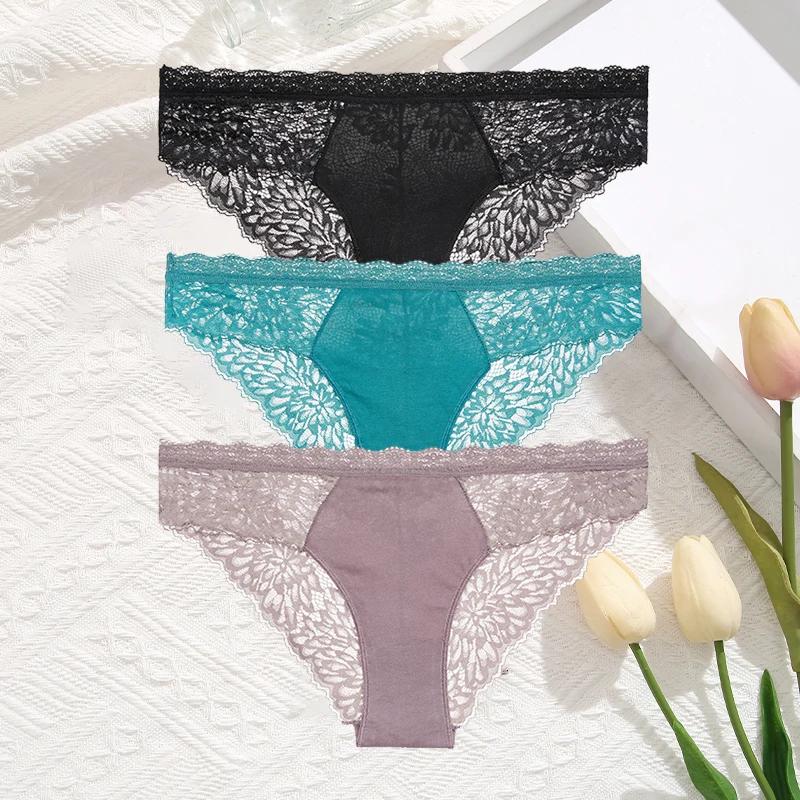 3Pcs/Set Women Sexy Lace Panties Transprant Hollow Out Low Waist Briefs Female Solid Soft Breathable Comfort Underwear Lingerie