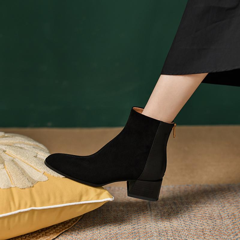 2024 Новые брендовые ботинки из натуральной кожи, ботильоны в стиле ретро на высоком каблуке, женская обувь, застежка-молния сзади, овечья замша, обувь ручной работы, женские ботинки