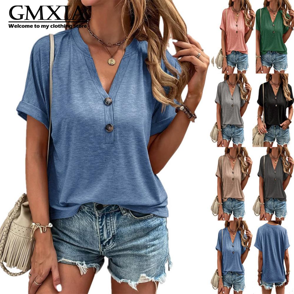 GMXIA Women's Fashion Casual Solid Color Print Short Sleeve V Neck Leisure Blouses & Shirts