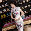 New long cheongsam satin split cheongsam performance runway show party cheongsam slim performance middle-aged and elderly clothing