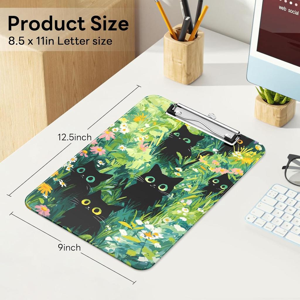 Plastic Cute Clipboard Low-Profile Metal Clip, A4 Letter Size 9 x 12.5 in, 8.5 x 11 Paper Clip Board for Teachers, Nurses, Classroom,Cute Black Cats