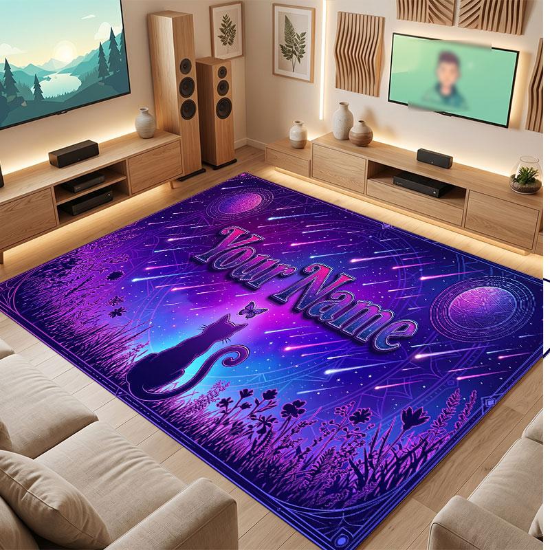 Cat Theme Crystal Velvet Floor Rug Personalized Custom Name Text Warm Carpet Home Decoration