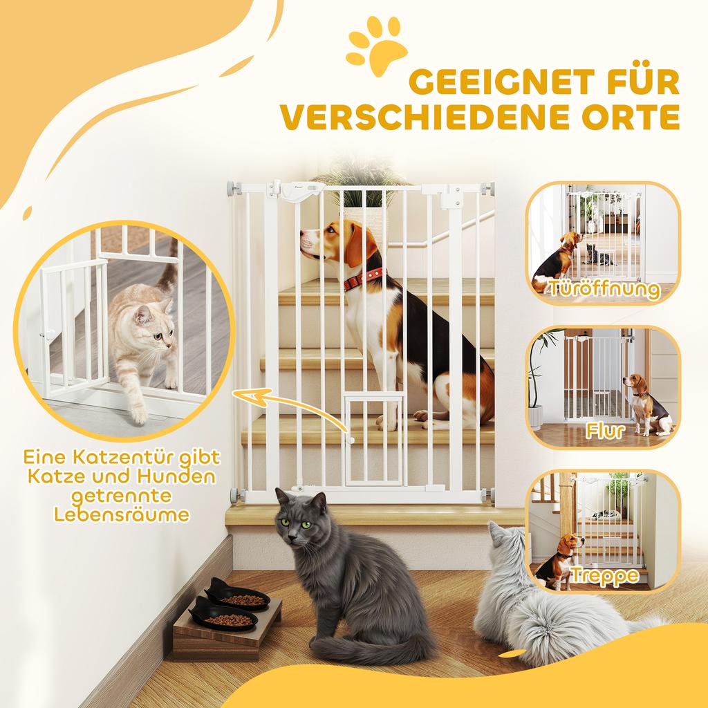 Door Gate with Cat Flap, Installation without Drilling, Variable Width 74-80 cm, One-Handed Opening, Metal, White