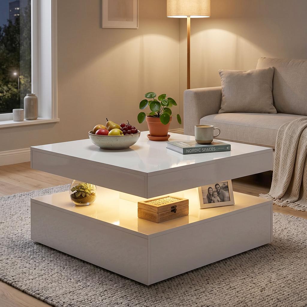 LED Coffee Table with Storage, 2-Tier Modern Centre Table with Open Shelf and Remote for Living Room, High Gloss White