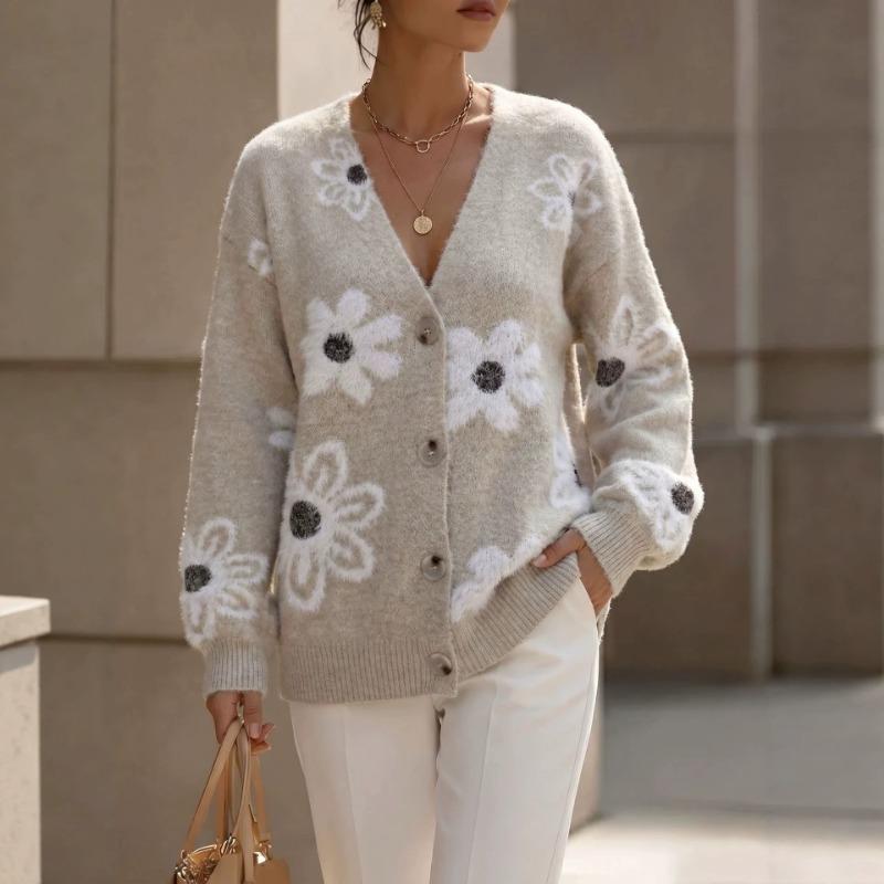 V Neck Floral Knit Cardigan Loose Long Sleeve Sweater Coat