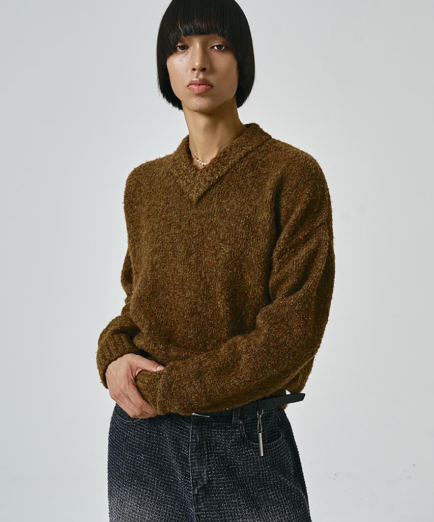 NOIRER Boucle V-Neck Oversized Sweater (Orange Green)