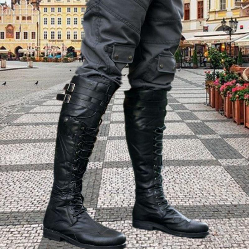 Мужские винтажные сапоги до колена, обувь на шнуровке с перекрестными ремешками, крутые мото-сапоги на плоской подошве, осенне-зимние высокие ботинки в стиле ренессанс