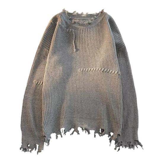 Мужской осенне-зимний рваный пуловер большого размера с длинными рукавами, вязаный свитер с круглым вырезом, свободный топ, повседневный спортивный свитер в стиле ретро