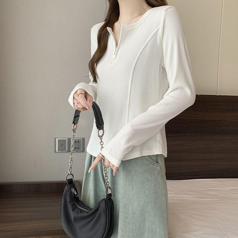 Women Plus Size Curved Waist Slimming Fishbone Long Sleeve Cotton T Shirt Casual Bottoming Top