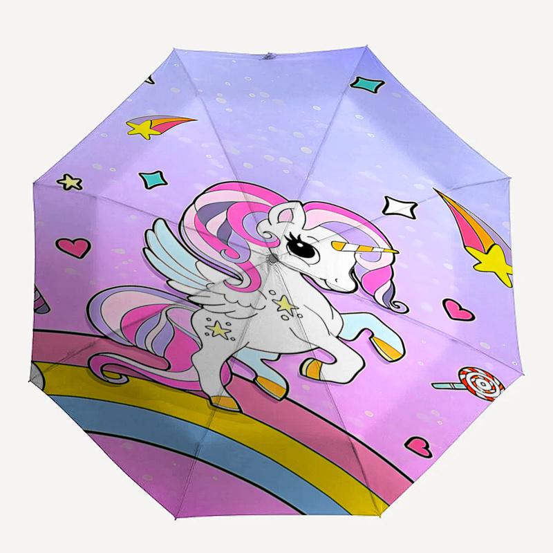 Unicorn Rainbow Automatic Opening/Closing Umbrella - Portable 3-Fold Design with 8-Bone Iron Frame, Perfect for Festivals and Everyday Use,
