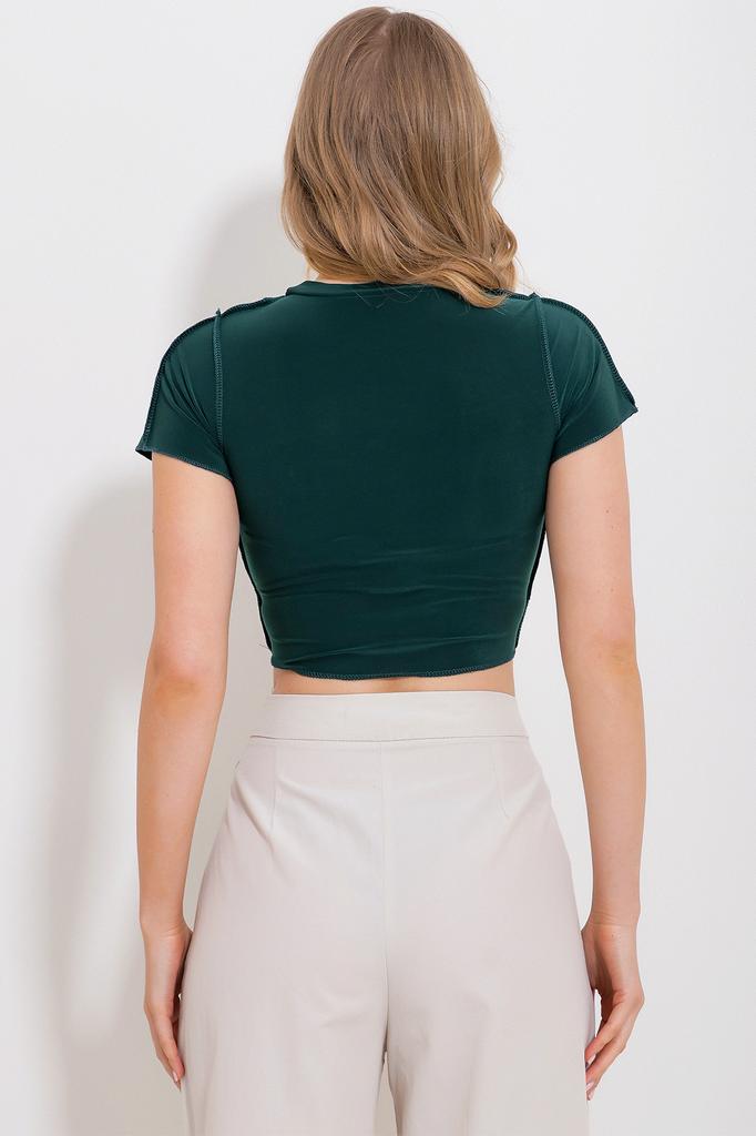 Women's Blouse New Season Fashion Gray Crew Neck Front Stitched Crop Sandy Blouse