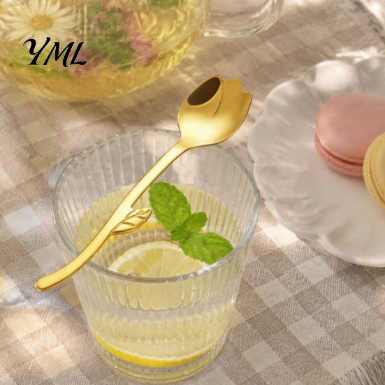 Glossy Metal Cutlery Tulip Shaped Stainless Steel Spoon, Long Handle Coffee Ice Cream 304 Spoon Dessert Serving with Hanging Hook, Kitchen Flatware