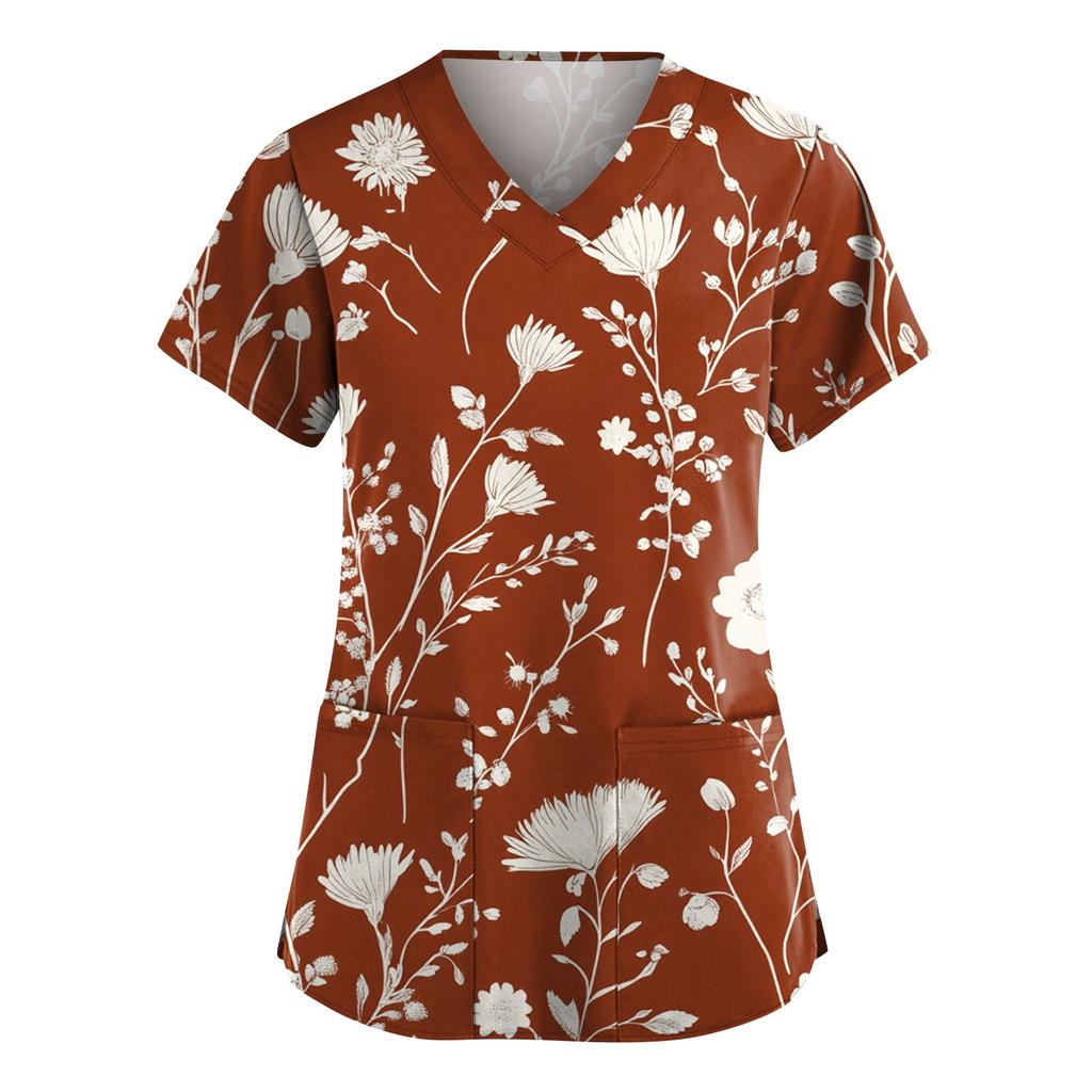 Women's Fashion Short Sleeve Fashion Vintage Floral Print V-Neck Pocket Workwear Tops