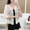 Women Knitted Lace Shrug Boho Hollow Crochet Floral 3/4 Sleeves Open Front Cropped Cardigan Elegant Mesh Sweater Coveup