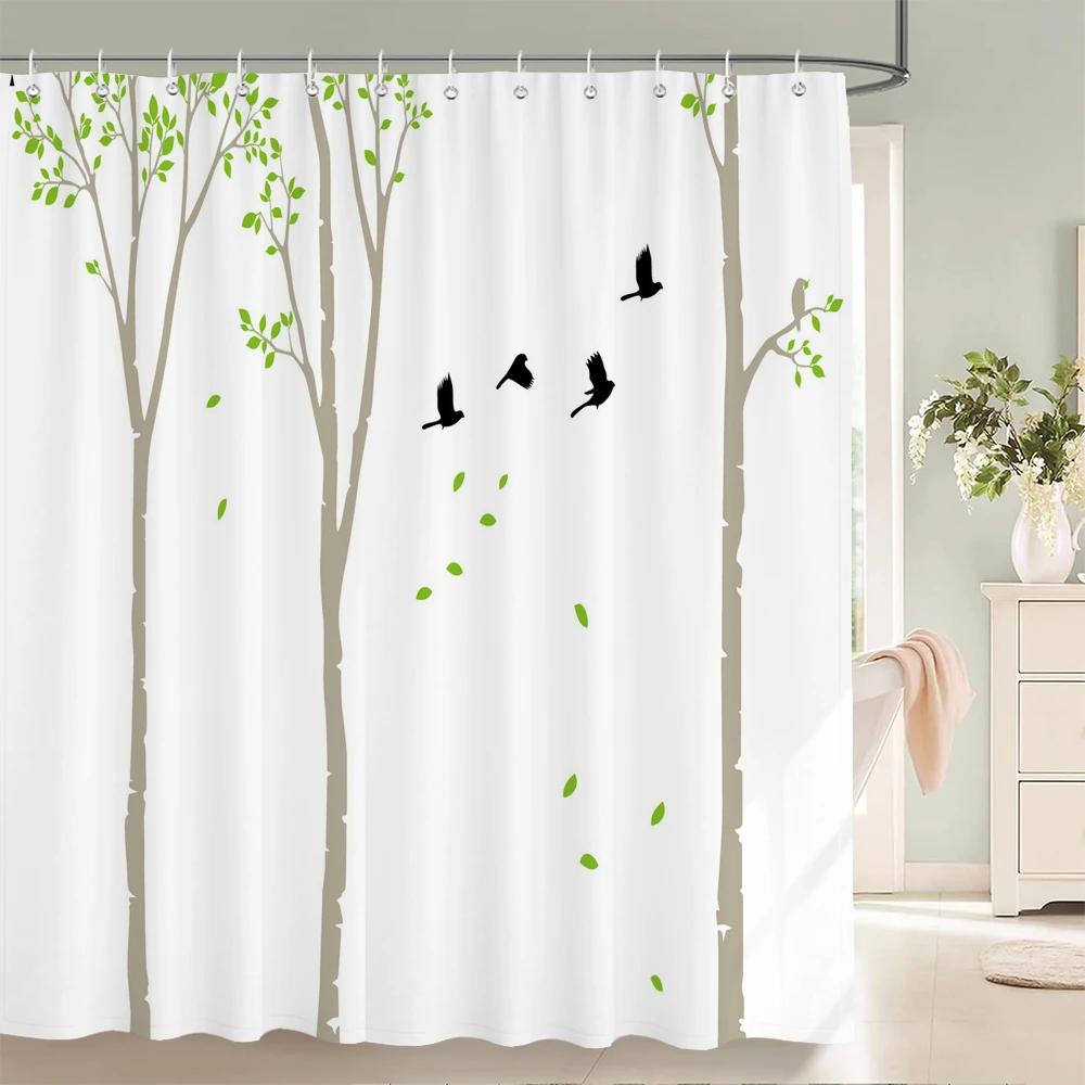 1PC Modern Minimalist leaf Pattern Shower Curtain with Hooks - Design Chic Green leaves Plants Bathroom Curtain Decorationks