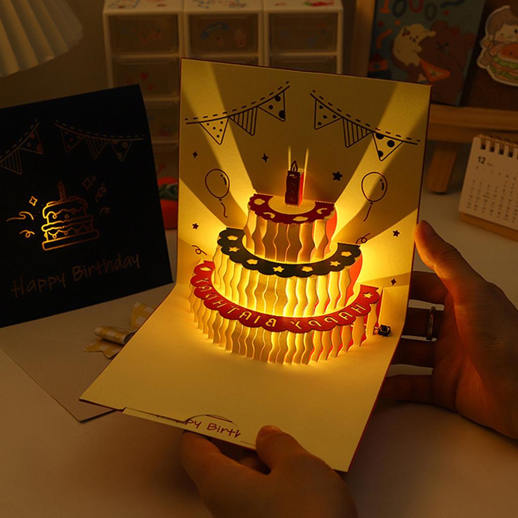 3D Pop-up Торт С Днем Рождения Светодиодная Подсветка Складные Бумажные Карточки на День Рождения