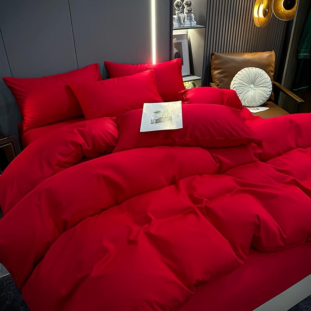 Большой красный комплект свадебного постельного белья из четырех предметов, стиранный хлопок, простой однотонный пододеяльник