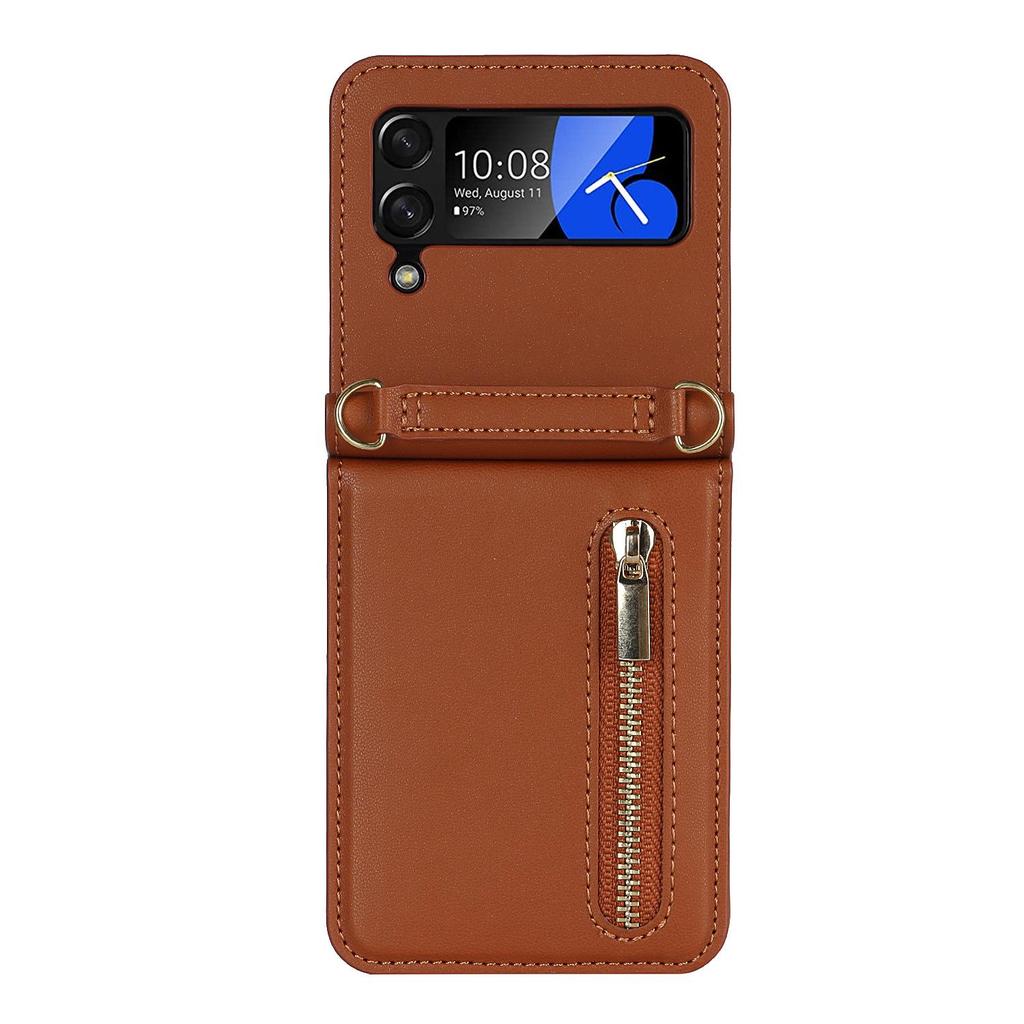 Кожаный чехол-кроссбоди Samsung Z Flip7 с молнией и слотом для карт