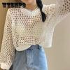 Y2K Harajuku Hollow Out Knit Pullovers Crewneck Autumn Vintage Solid Color Tops Fashion Retro Smock Sweater