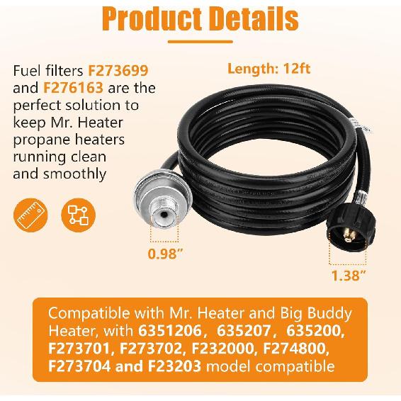 F273699 12Ft Propane Fuel Filter with Hose Compatible with Mr. Heater Big Buddy Propane Heater to Propane Tank,with QCC1/Type1 Adapter Connect 20-45