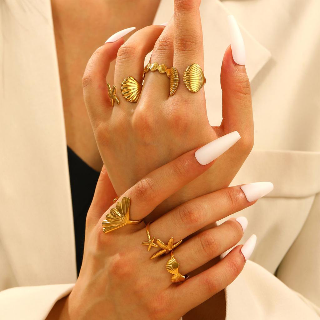 Набор из 6 шт. высококачественных колец со звездами и ракушками для женщин, новый тренд, открытые кольца, ювелирные изделия из нержавеющей стали, подарок на вечеринку