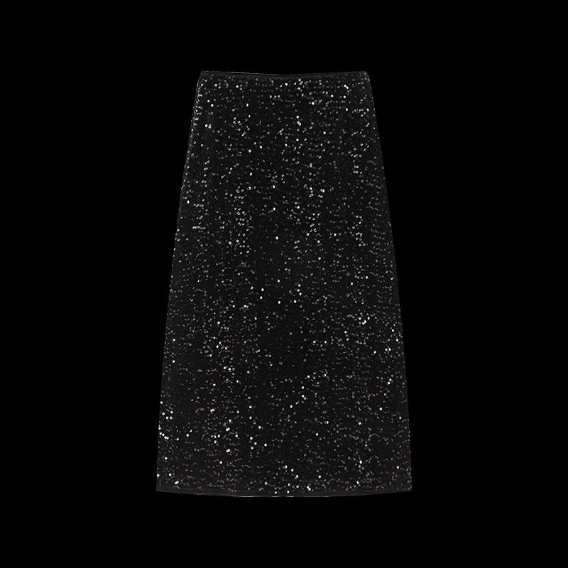 Женская блестящая бархатная юбка-миди с пайетками и высокой талией