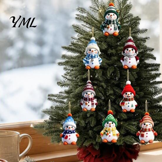 Colorful Holiday Ornaments 16PCS Wooden Christmas Snowman Pendants, 2D Flat Hanging Ornaments, Indoor Decorations Knitted Hats And Scarves Decor