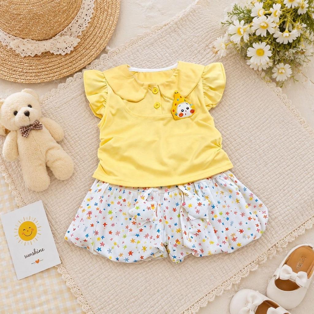 Girls Summer Sleeveless Cartoon Print Peter Pan Collar Bloomer Shorts Set
