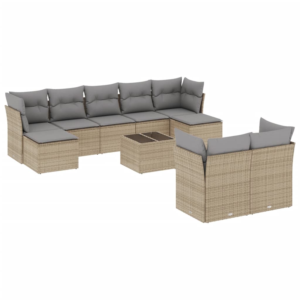 10 Piece Garden Sofa Set with Cushions Beige Poly Rattan