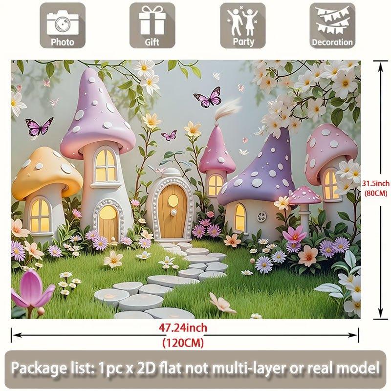2D planar, single-piece mushroom-themed wall decoration banner —— Mushroom house with flowers and butterflies