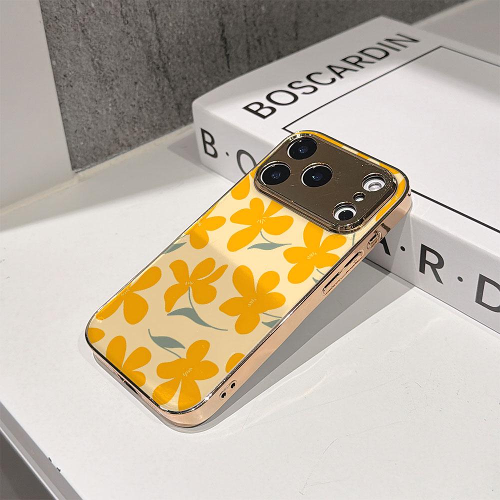 Чехол для телефона Lucky Start Для iPhone 17 16 15 14 13 12 11 Pro Max 16E Золотой гальванизированный стеклянный корпус Чехол 'Солнечные Цветы'