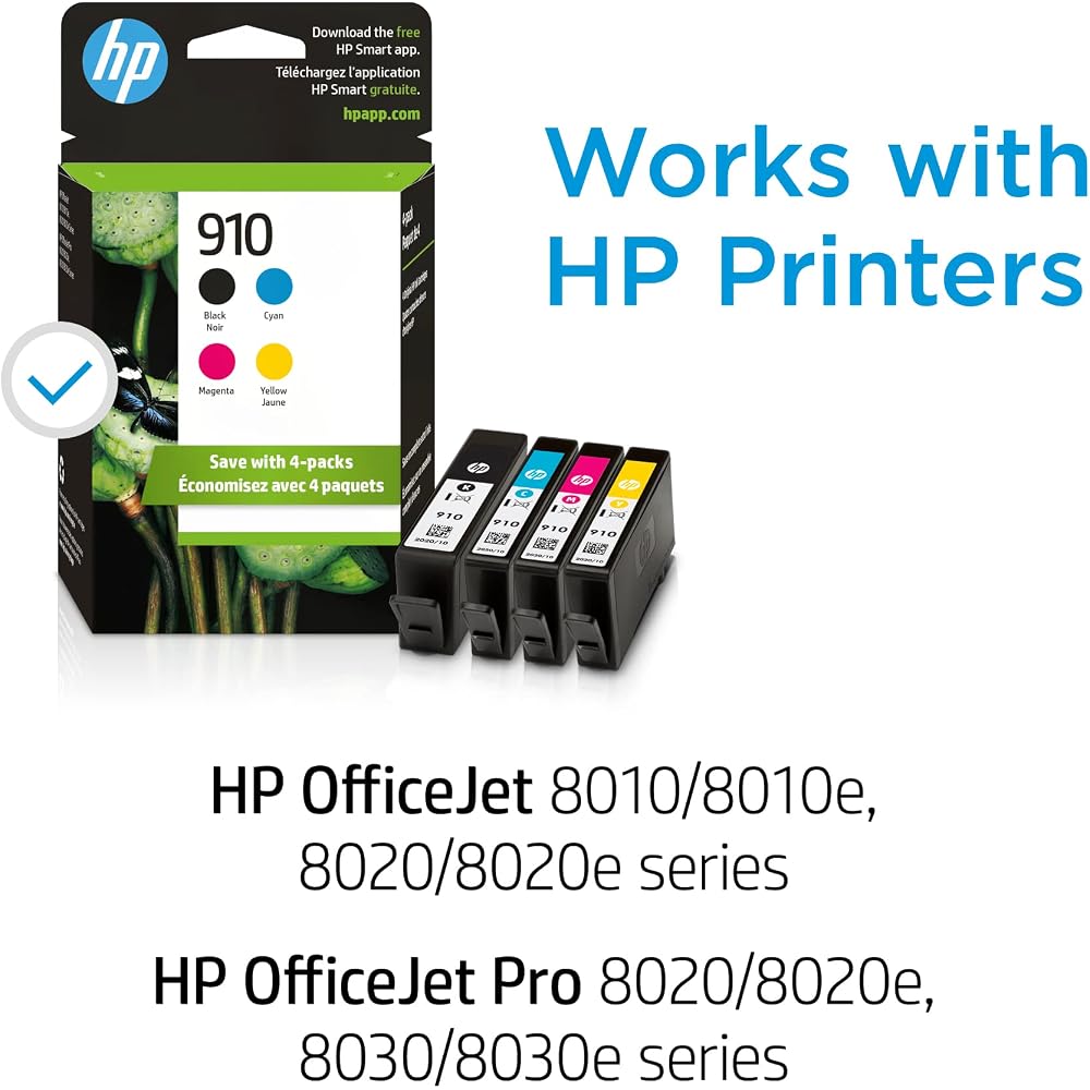 HP 910 | 4 Ink Cartridges | Black, Cyan, Magenta, Yellow | 3YL61AN / 3YL58AN / 3YL59AN / 3YL60AN